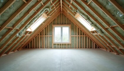 Unfinished attic space features new wooden roof structure. Insulation fills between rafters, studs. Main window, two roof windows let in light. Empty room awaits modern house renovation conversion