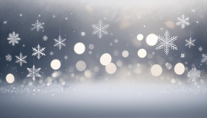 soft bokeh lights and falling snowflakes on a gray background
