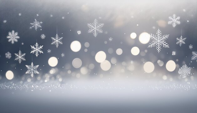 soft bokeh lights and falling snowflakes on a gray background