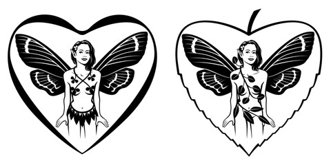 Sexy Fairy with Butterfly Wings and Floral Outfit in Heart Frame. Vector cliparts isolated on white. Two Versions.