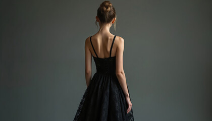 Young woman in black lace evening gown poses with back to camera. Elegant female model wears stylish dress with thin straps, showing graceful back. Hair neatly styled in bun. Picture shows fashion,