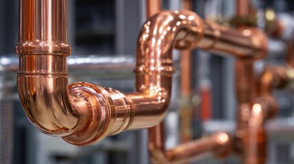 Stunning photo of closeup of shiny copper pipes and plumbing in an industrial setting.