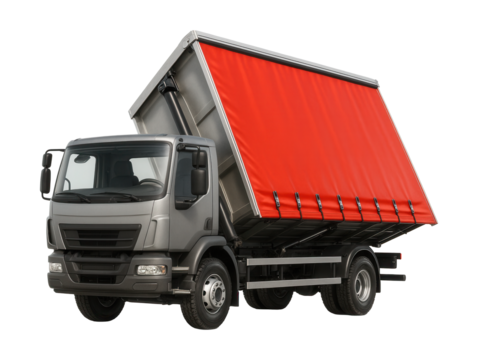 Hydraulic lift curtain-sided tipping truck.
