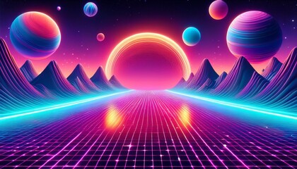 neon geometric landscape with astral planets and vibrant colors for futuristic backgrounds