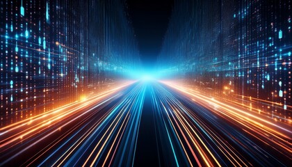dynamic data stream with binary code and light trails technology digital future vision