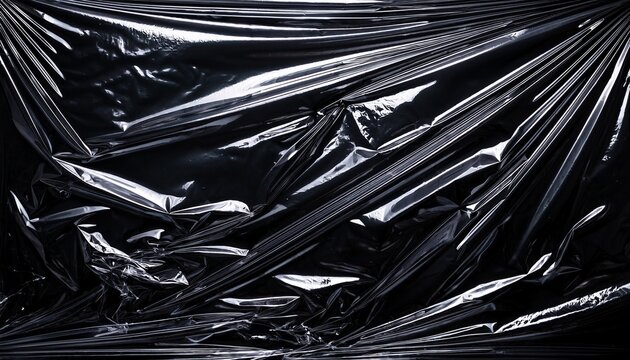 plastic overlay texture of realistic crumpled transparent plastic film wrap on black background wrinkled stretched plastic effect