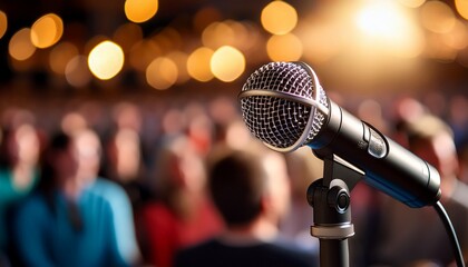 close up of a professional microphone for singing or speaking with a blurred audience background