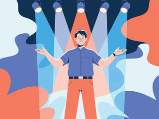 A man stands with his arms outstretched under spotlights on a stage.