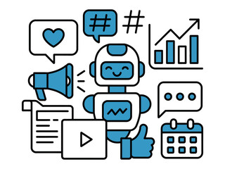 A friendly robot surrounded by digital marketing and social media icons represents automation.