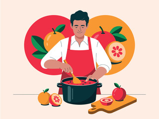 A man is making jam in a pot with guavas and apples in the background.