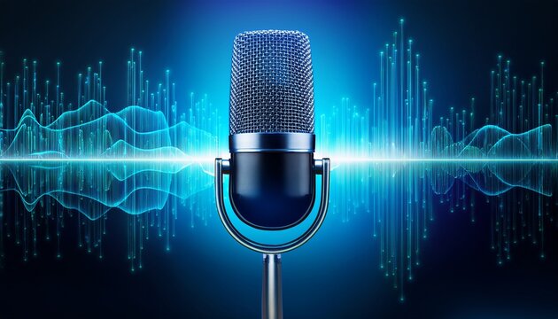 futuristic microphone with digital sound waves and neon lighting for audio technology and music production