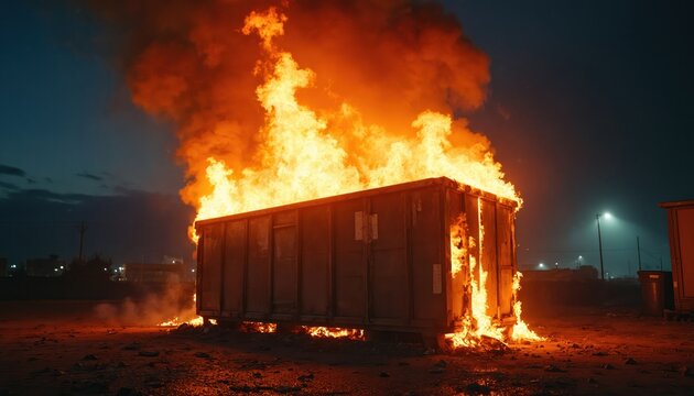 A dumpster burns intensely at night in a dark urban area. Bright orange flames and thick smoke billow into the sky from the ignited trash container. The scene shows destruction and danger.