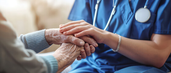 Close-up of a nurse holding an elderly patient’s hands, symbolizing empathy, care, compassion, and medical support in healthcare and senior assistance.