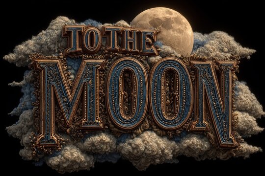 Realistic design HD caricature of a living word "TO THE MOON" in big bold jazzy font letters, heaven clouds in the background, desire of sharp, dramatic and infinite price rise of crypto asset theme 