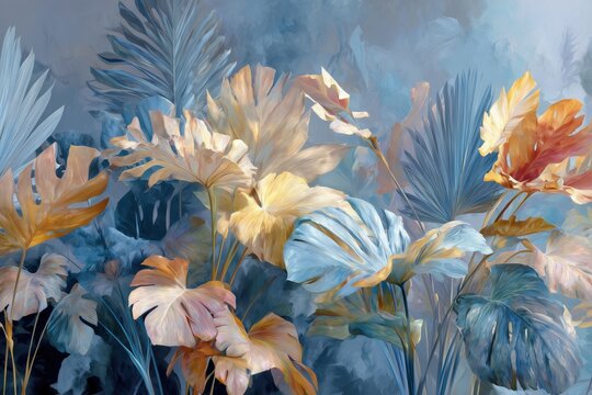 large-scale contemporary atmospheric abstraction with zero literal floral forms, inspired loosely by the motion and dispersal of monstera and oak plant, soft vaporous filament textured background