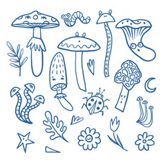 Mushroom autumn vector with forest worms flowers leaves and funny insects
