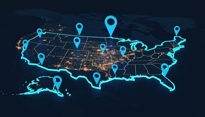 USA Map with Glowing Neon Outline and Location Pins.