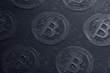 Seamless luxury wallpaper pattern of a bitcoin theme featuring only bitcoin 3d sign background, dark black tone-on-tone design coins outlined subtly