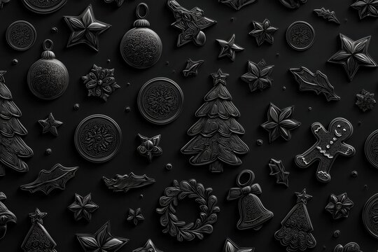Seamless luxury wallpaper pattern of a christmas theme featuring only christmas related items, matte black tone-on-tone design background