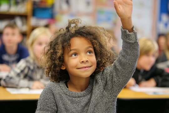 Young Student Raising Hand to Answer Question in a Lively Classroom Setting - Powered by Adobe