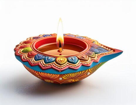 a colorful diya a traditional oil lamp lit with a bright flame symbolizing light and celebration isolated on white background - Powered by Adobe