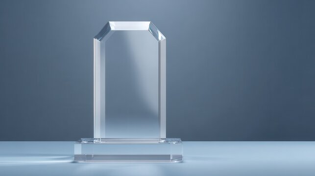 Stunning photo of empty acrylic award design mockup, blank glass trophy mockup. Template for a transparent crystal prize plate.