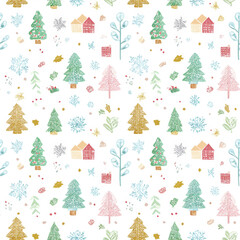 Hand-Drawn Watercolor Christmas Pattern. Cute Holiday Design with Trees, Houses, and Snowflakes in Soft Pastel Colors for Fabric and Paper