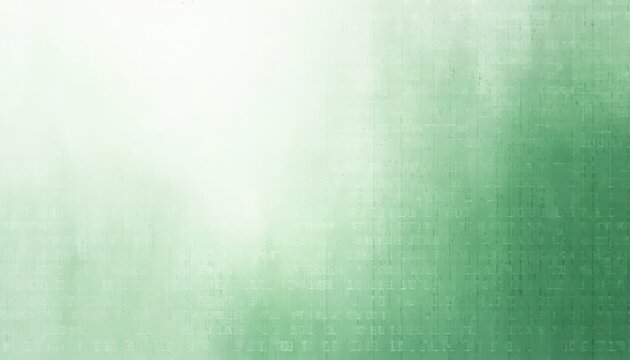 Abstract digital background with subtle green binary code overlay on textured surface. Fading from bright white to deep green, graphic art evokes sense of tech, data, clean design. Perfect for
