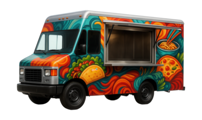 Compact food truck featuring a side serving hatch and vibrant mural artwork.