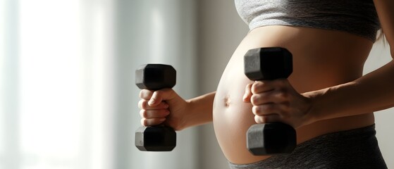 Pregnant woman exercising with dumbbells, showcasing a healthy and active lifestyle during pregnancy. Close-up view of her belly and weights, emphasizing fitness, strength, and prenatal wellness.