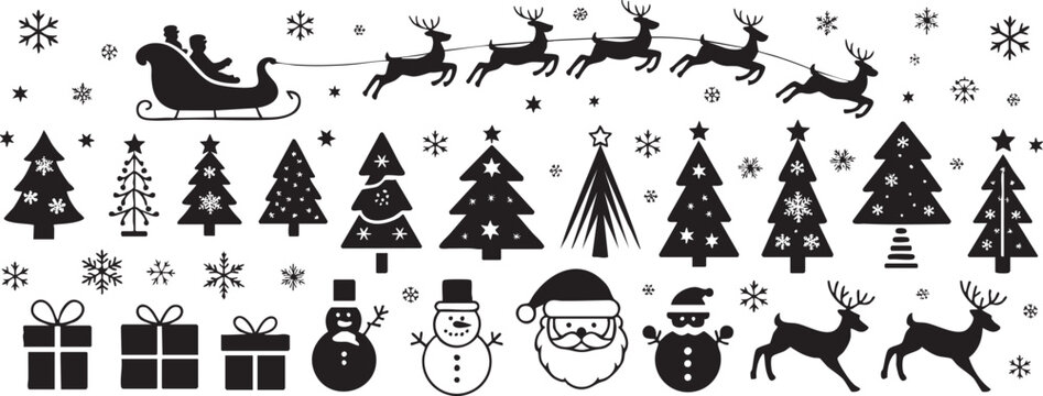 Christmas pattern with santa sleigh reindeer snowman and christmas trees