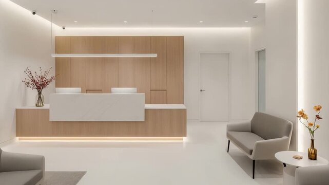 Modern reception area with white marble desk and waiting room. Empty interior of a clean medical clinic or spa with grey sofas and wood paneling. Minimalist office lobby design