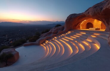 Outdoor amphitheater carved into rock with illuminated seating tiers. Desert landscape stretches towards distant mountains under twilight sky. Modern cave venue features warm interior lighting for