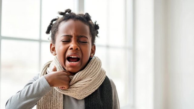 Sick African American girl coughing and holding her throat. Child wearing a scarf suffering from a cold or flu indoors. Winter illness concept
