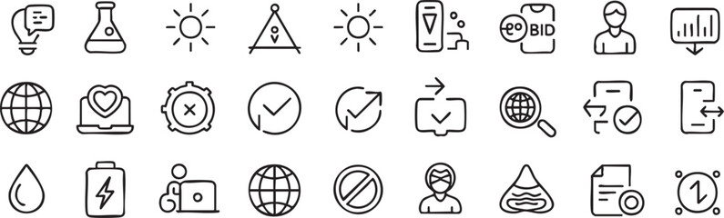 Collection of assorted line art icons depicting diverse symbols and concepts