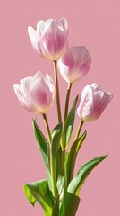 Fototapeta premium Beautiful Pink Tulips With Green Leaves Against a Soft Pink Background