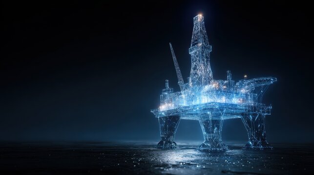 Stunning photo of futuristic hologram representing an offshore oil rig platform illuminating dark background.