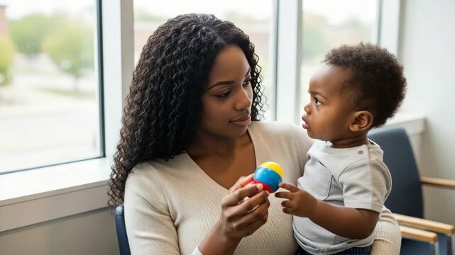 Black mother holding baby boy and showing him a toy ball in a waiting room. Woman playing with toddler son near a window in a clinic. Parenting and healthcare concept