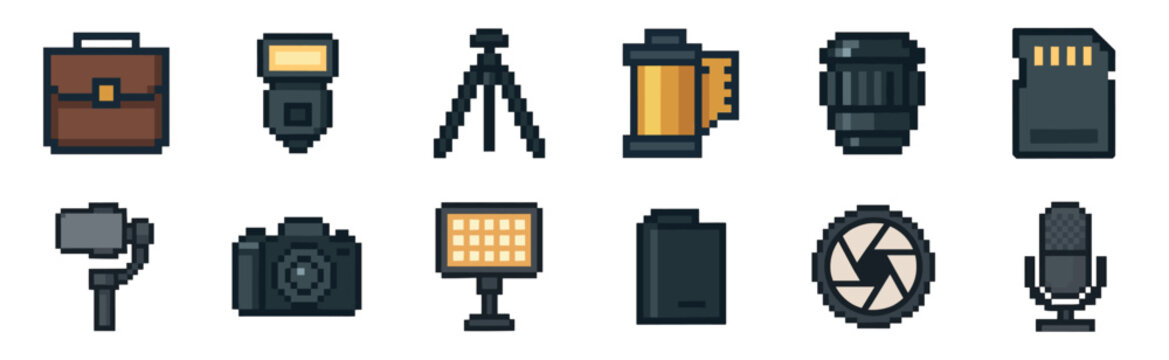 A set of pixel art photography icons featuring a camera, lens, tripod, flash, and other videography equipment in a retro 8-bit gaming style illustration collection