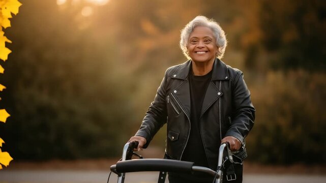 Happy senior woman walking with a walker in an autumn park at sunset. Elderly lady in a leather jacket smiling while using a rollator for mobility. Active aging and independence concept