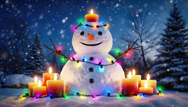 Happy snowman decorated with colorful Christmas lights and candles in a snowy winter forest at night.