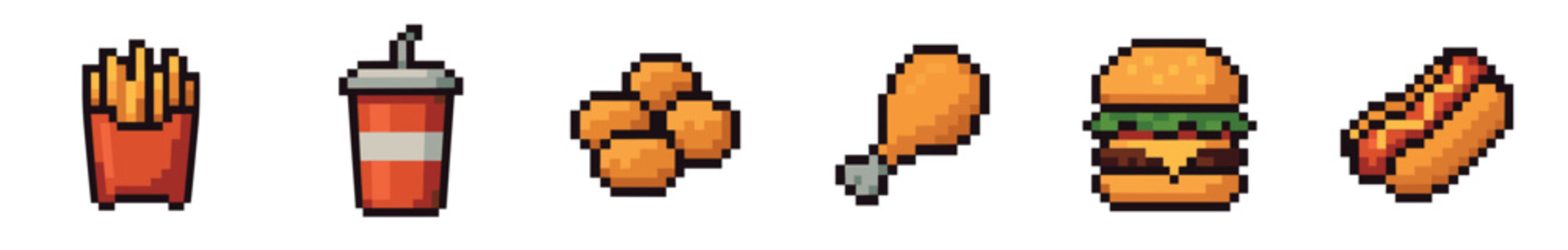 A collection of pixel art fast food icons featuring a hamburger, french fries, soda, chicken nuggets, and a hot dog in a retro 8-bit video game graphic style
