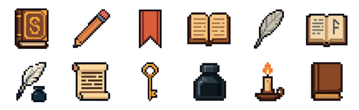 A pixel art icon set of medieval writing and fantasy adventure items including books, a quill pen, an inkwell, a scroll, a key, and a candle for a retro RPG video game