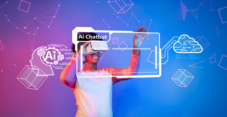 Explore a futuristic scene featuring a user interacting with an AI-driven chatbot in a vibrant digital environment, highlighting advanced technology and intelligent design. XDMCP