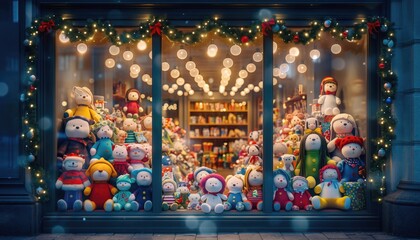 Magical Christmas Toy Shop Window with Festive Lights and Stuffed Animals.
