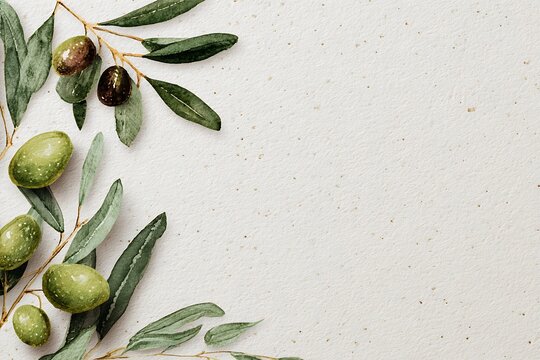Elegant watercolor illustration of olive branches and green olives framing a textured beige background with ample copy space.