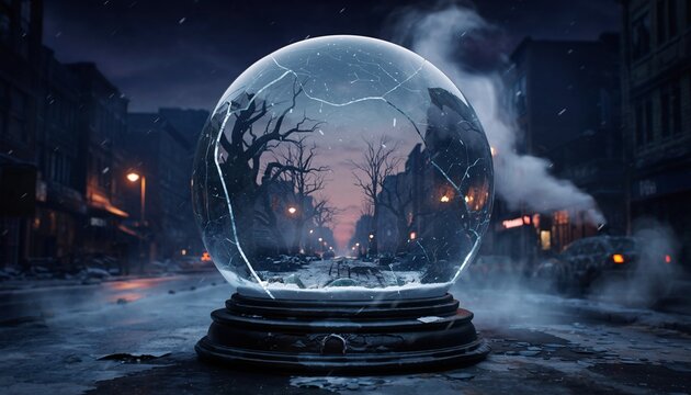 Mystical Crystal Ball with a Spooky Tree on a Dark Foggy Night Street.