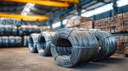 Stunning photo of metal wire coils stacked in the metalworking industry for annealing and wire drawing processes.