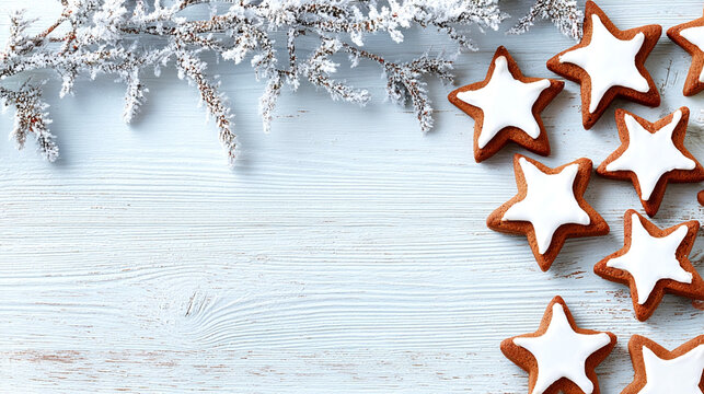 Star-shaped iced gingerbread cookies on light wooden background with frosty pine branches, perfect for festive holiday atmosphere, copy space - Powered by Adobe