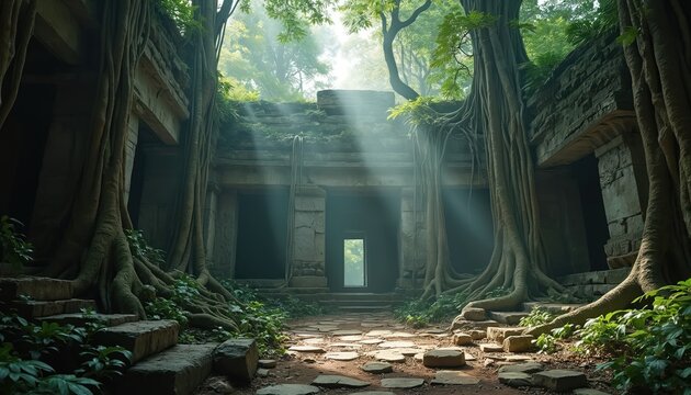 Ancient stone ruins overgrown with massive trees in a dense jungle. Sun rays pierce through canopy illuminating pathway leading to mysterious temple entrance, suggesting lost civilization discovery.